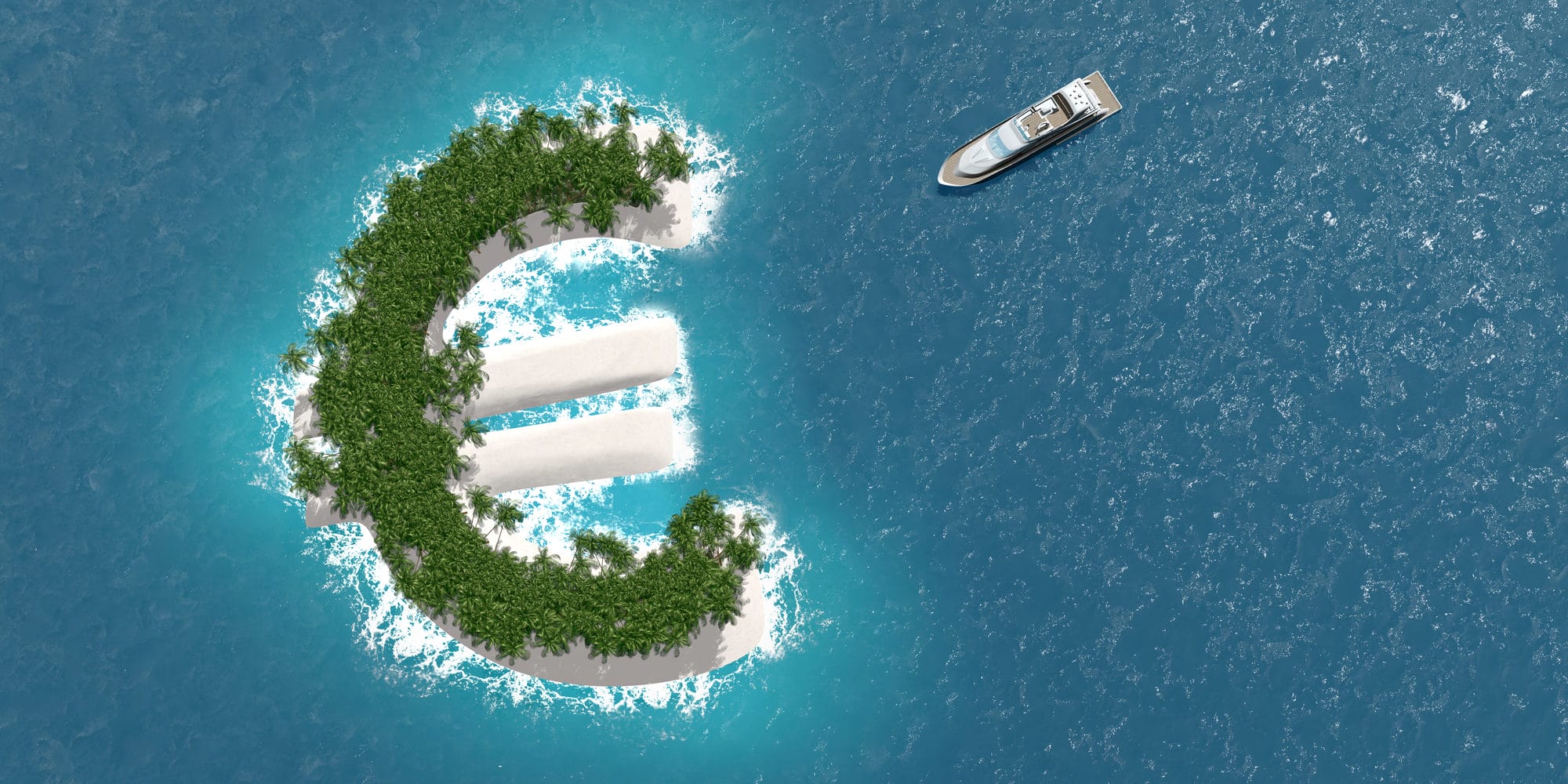 Tax haven, financial or wealth evasion on a euro island. A luxury boat is sailing to the island.